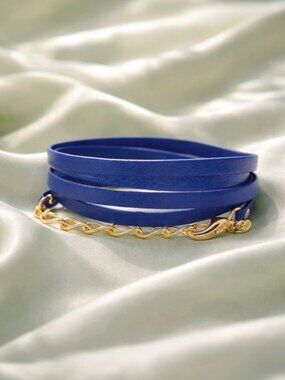 NWT Gorjana Graham Five Wrap Bracelet Dark Blue Leather 18K Plated Chain